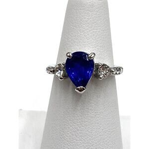 Fashion Ring Teardrop Blue Clear Glass Rhodium Plated 6 Silver Tone